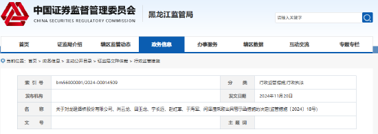 龍建股份年報信披不準確 公司及相關(guān)責任人收警示函