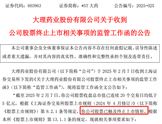 *ST大藥觸及交易類強(qiáng)制退市指標(biāo)，自2月10日起停牌