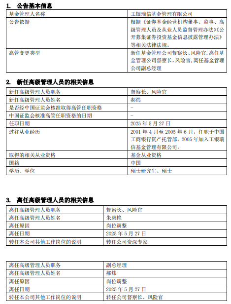 工銀瑞信基金高管變更：副總經(jīng)理郝煒轉(zhuǎn)任督察長、風(fēng)險官  朱碧艷轉(zhuǎn)任公司資深專家