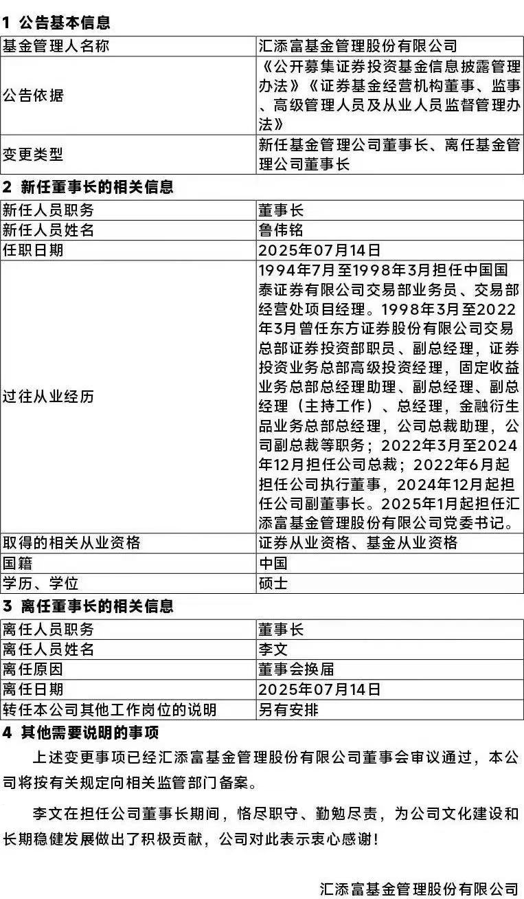 匯添富基金，董事長變更！