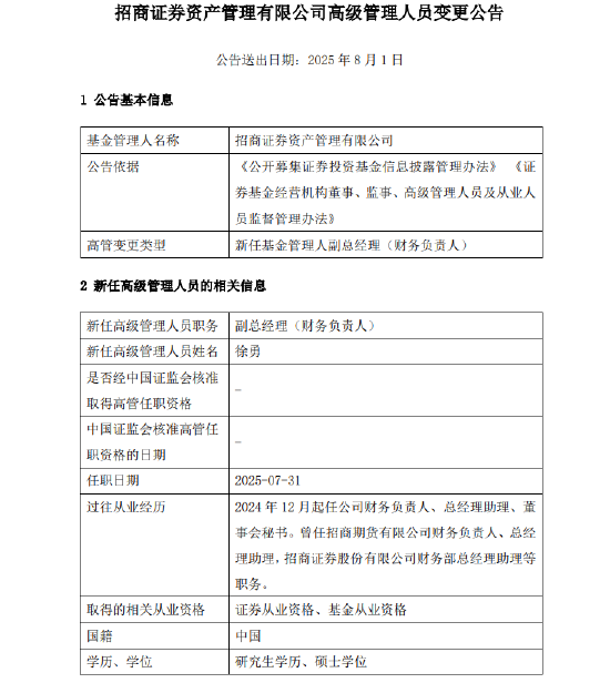 千億元級(jí)招商資管最新人事變動(dòng)！新任徐勇為副總經(jīng)理